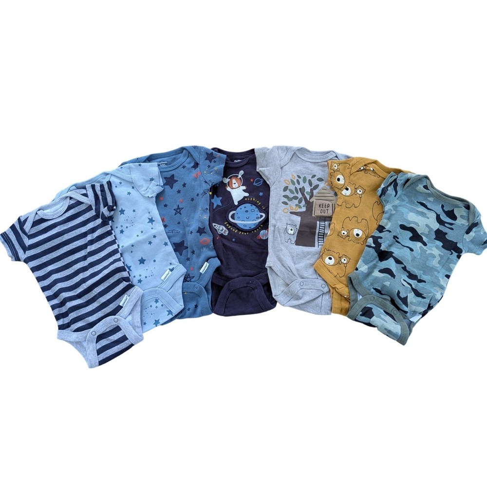 Gerber Baby Boys Short Sleeve Onesies Bodysuits 7 Pack Blue Camo Space Bear 0-3M